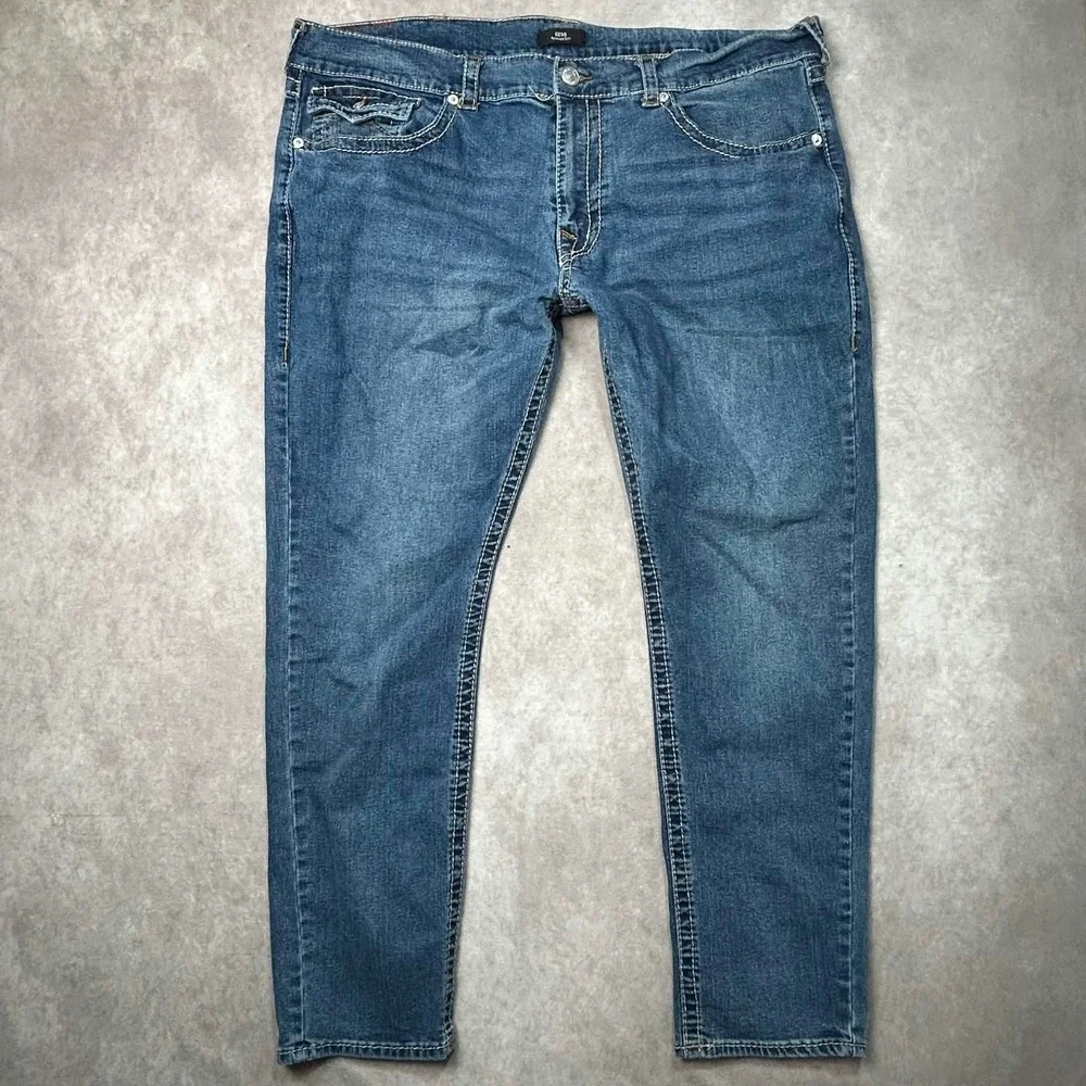 True Religion Geno Relaxed Slim Blue Jeans Mens 44 Medium Wash Flap Pocket Denim